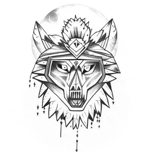 skull with native american headdress with a wofl standing on a cliff's edge with the moon behind the wolf tattoo design idea