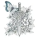 A tattoo stencil that has a sword that has butterflies, leafs, and flowers coming out of it, and on the side it says “re tattoo design idea