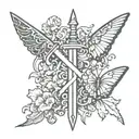 A tattoo stencil that has a sword that has butterflies, leafs, and flowers coming out of it, and on the side it says “re tattoo design idea