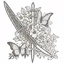A tattoo stencil that has a sword that has butterflies, leafs, and flowers coming out of it, and on the side it says “re tattoo design idea