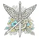 A tattoo stencil that has a sword that has butterflies, leafs, and flowers coming out of it, and on the side it says “re tattoo design idea