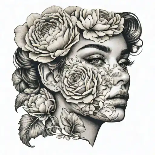  ranunculus flowers covering half of a womans face tattoo design idea
