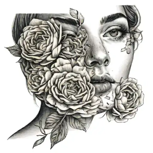  ranunculus flowers covering half of a womans face from the front  tattoo design idea
