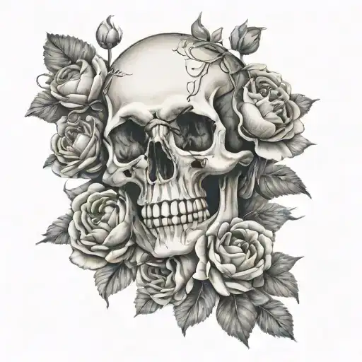  ranunculus flowers with skull tattoo design idea