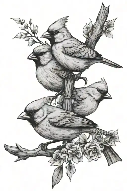 flowers intertwined and two baby cardinals  tattoo design idea