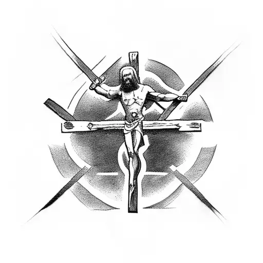 A symbolic tattoo combining the crucifixion of Jesus Christ and the bravery of a gladiator tattoo design idea