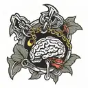 A tattoo design of a brain with a broken chain, symbolizing the client's journey through PTSD and overcoming mental health challenges tattoo design idea
