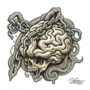 A tattoo design of a brain with a broken chain, symbolizing the client's journey through PTSD and overcoming mental health challenges tattoo design idea