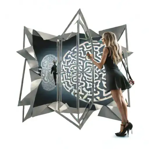 a girl standing in a mirrormaze bring controlled by puppet strings  tattoo design idea