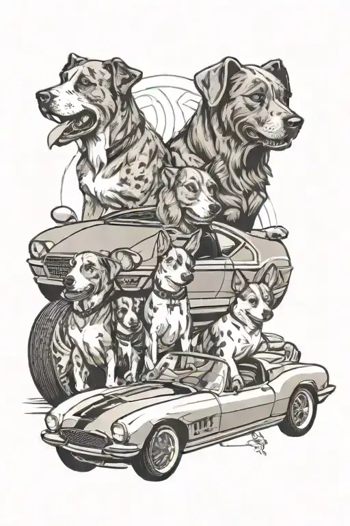 A family of dogs playing on a sports car, representing the client's love for their pets and fast cars, with a subtle nod to their key account manager occupation tattoo design idea