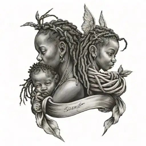 no love lost on a ribbon dragged by two cupids that are babies one with cornrows the other with medium length locs  tattoo design idea