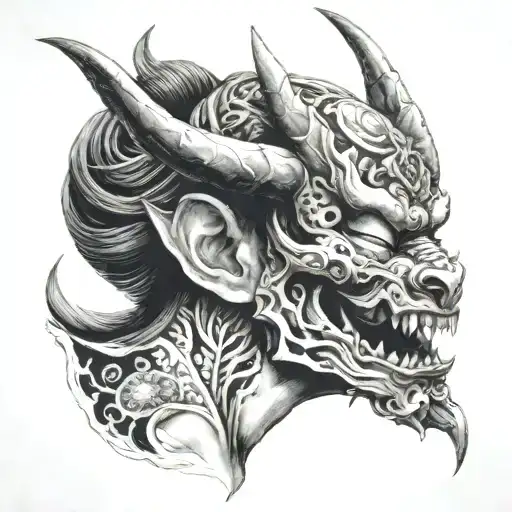 Japanese woman takes off her hannya mask surrounded tattoo design idea