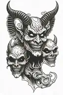 the devil holding a happy and a sad mask by his face tattoo design idea