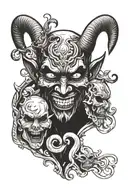 the devil holding a happy and a sad mask by his face tattoo design idea