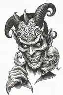 the devil holding a happy and a sad mask by his face tattoo design idea