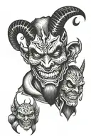the devil holding a happy and a sad mask by his face tattoo design idea