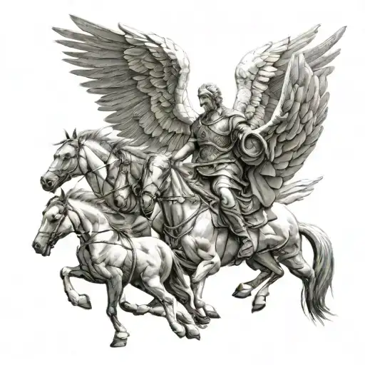 Michael the ark angel on shoulder and biceps. 4 horses on forearm. sun rays on shoulder and left chest. biblical themed  tattoo design idea