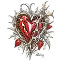 Crystal Deep Red Heart, The word "Ruby" in gold underneath, intricate silver thorns twisting around. tattoo design idea