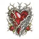 Crystal Deep Red Heart, The word "Ruby" in gold underneath, intricate silver thorns twisting around. tattoo design idea