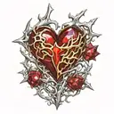 Crystal Deep Red Heart, The word "Ruby" in gold underneath, intricate silver thorns twisting around. tattoo design idea