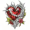 Crystal Deep Red Heart, The word "Ruby" in gold underneath, intricate silver thorns twisting around. tattoo design idea