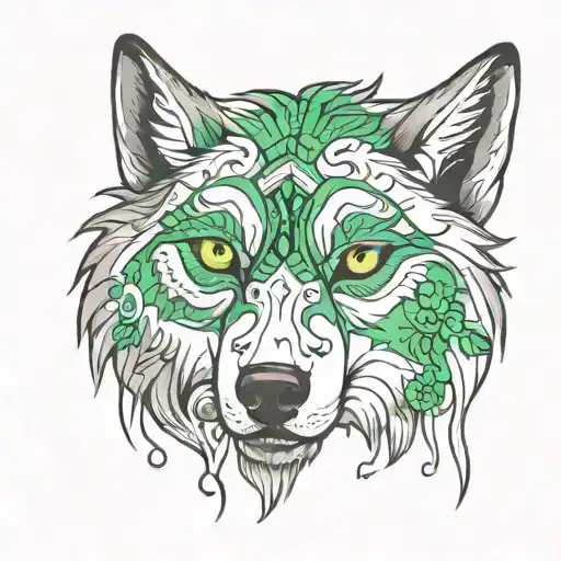Standing wolf with green eyes looking tattoo design idea