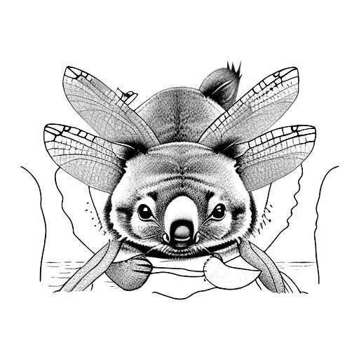 dragonfly, koala, platypus, wombat, possum and wallaby in a lagoon tattoo design idea