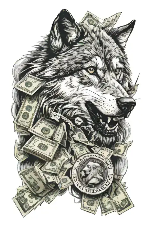 A realistic depiction of a wolf with a cunning expression counting money tattoo design idea