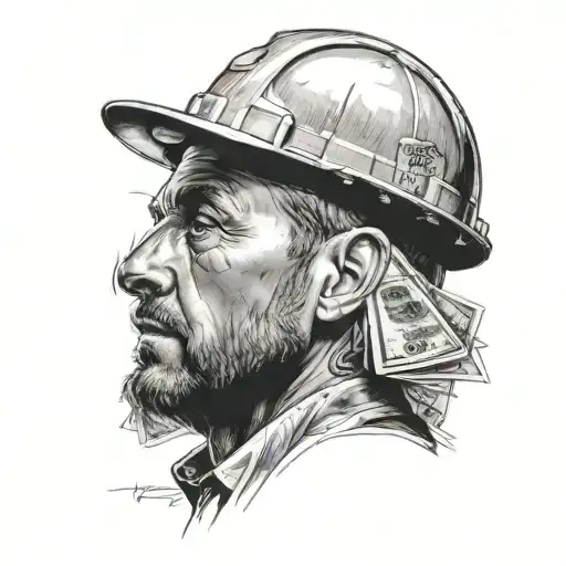 A realistic portrait of a man in a hard hat counting money in front of a computer tattoo design idea