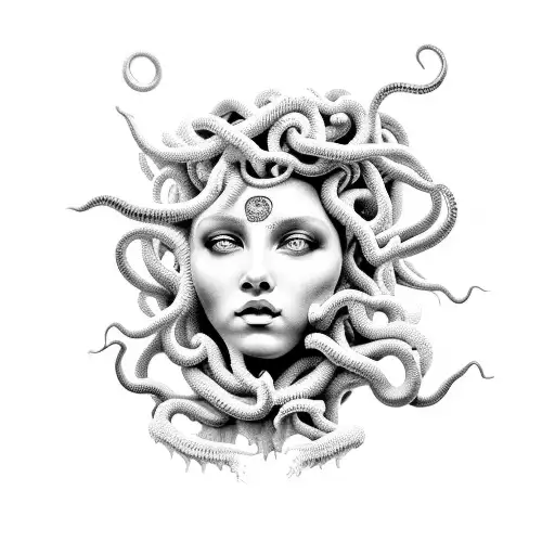 A surreal black and white portrait of Medusa with intricate dotwork details tattoo design idea