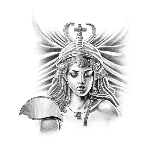A realistic black and grey tattoo of the Greek goddess Athena, with a mix of blackwork and sketch-like linework to emphasize her wisdom and strength tattoo design idea