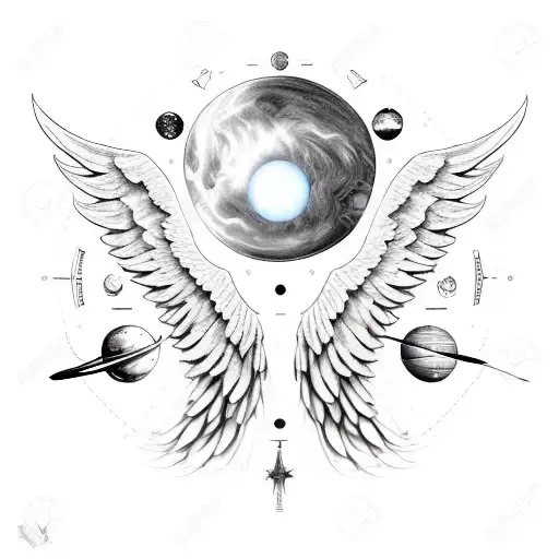 angel wings with solar system  tattoo design idea