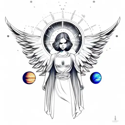 angel wings with solar system down center tattoo design idea