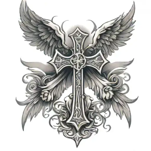 gothic cross with angel wings tattoo design idea