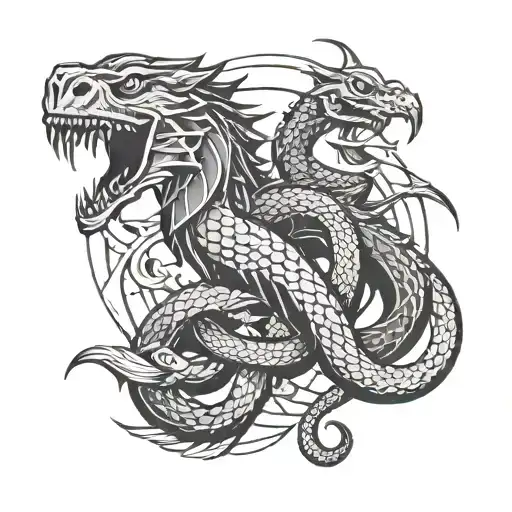 Combine the silhouettes of a dog, snake, and dragon into a minimalist tattoo design inspired by automotive aesthetics tattoo design idea
