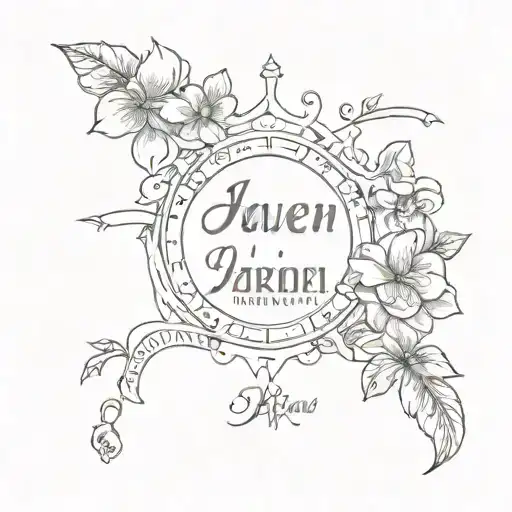 A unique and personalized tattoo featuring the names and birth dates of your children, Jaeven and Soy, in a sketch style tattoo design idea