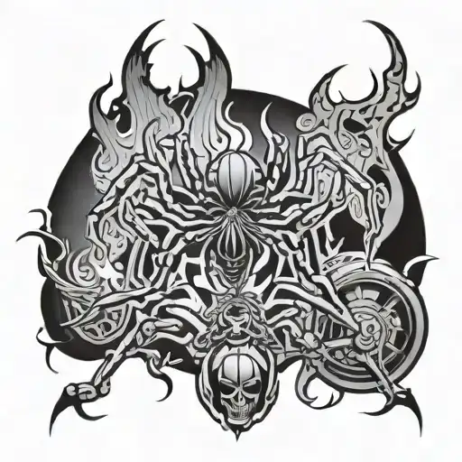 Spider with chopper on the background of fire in gothic style tattoo design idea