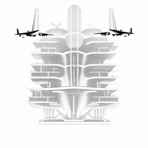 Air traffic control building surrounded by airplane silhouettes tattoo design idea