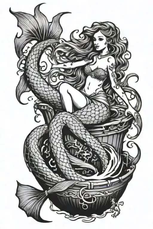 mermaid sitting on a sunken ship tattoo design idea