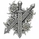 sword with the names juana and isaias in the blade tattoo design idea