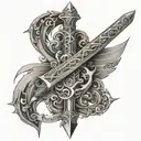 sword with the names juana and isaias in the blade tattoo design idea