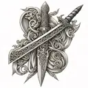 sword with the names juana and isaias in the blade tattoo design idea