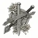 sword with the names juana and isaias in the blade tattoo design idea