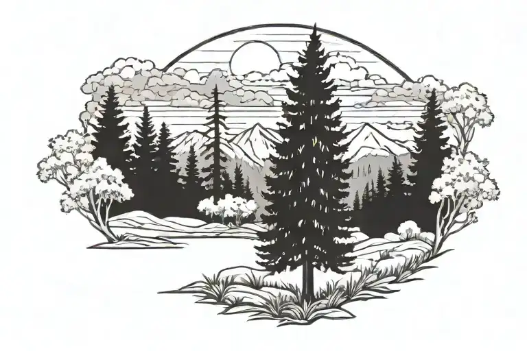 redwood tree skyline with meadow in foreground  tattoo design idea