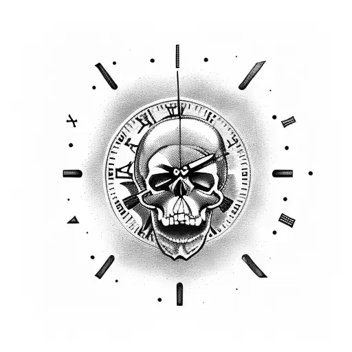 Half skull with clock Pulvis Et Umbra Sumas tattoo design idea
