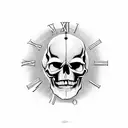Half skull with clock with the words Pulvis Et Umbra Sumas tattoo design idea