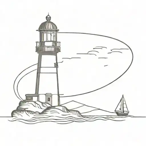 line detailed lighthouse sail boat in sea with oval boarder tattoo design idea