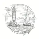 line detailed lighthouse sail boat in sea tattoo design idea