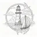 line detailed lighthouse sail boat in sea tattoo design idea
