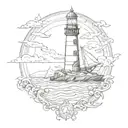line detailed lighthouse sail boat in sea tattoo design idea